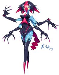  arthropod_girl black_dress blue_skin colored_extremities colored_skin dress extra_arms extra_ears female fingernails full_body highres monster_girl original sharp_fingernails short_hair sido_(slipknot) simple_background solo spider_girl white_background 