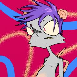  abstract_background american_opossum anthro belly big_eyes female fur fur_pattern grey_body grey_fur hair hi_res mammal marsupial mottled mottled_body mottled_fur pink_belly pink_eyes portrait purple_hair solo spez_dood teeth yellow_sclera yellow_teeth 