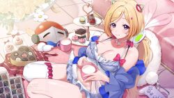  aki_rosenthal aki_rosenthal_(sleepwear) babydoll bare_shoulders blonde_hair bloomers blue_bloomers blue_chemise blue_nightgown blush bob_cut box box_of_chocolates breasts cake_stand chemise cleavage closed_mouth commentary_request controller cup detached_hair female food frilled_nightgown game_controller heart-shaped_box highres holding holding_cup hololive large_breasts long_hair looking_at_viewer low_twintails macaron milk mug nightgown official_alternate_costume rosen-tai see-through_chemise see-through_clothes single_thighhigh smile swept_bangs tarou_(komekueyo) thighhighs thighs twintails virtual_youtuber white_thighhighs 