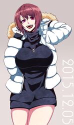  2015 absurdres black_sweater breasts brown_hair coat cropped_legs curvy dated december female highres hz_(666v) jewelry looking_at_viewer necklace open_mouth original pink_eyes sharp_teeth short_hair solo sweater teeth thick_thighs thighs tongue winter_clothes winter_coat 