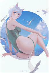  :3 absurdres animal_ear_fluff animal_ears arm_support artist_name ass bad_id bad_pixiv_id bare_arms bare_legs barefoot bird blue_butterfly blue_eyes blue_hair blue_sky breasts bug butterfly butterfly_on_hand cat_ears cat_girl cat_tail chromatic_aberration closed_mouth cloud commentary covered_nipples cross-laced_clothes female green_one-piece_swimsuit highres light_blush lighthouse looking_at_viewer medium_breasts mole mole_under_eye motion_blur ocean one-piece_swimsuit one-piece_thong original qizhu seagull short_hair sitting skin_tight skindentation sky smile solo swimsuit tail thigh_strap thong wet white_background white_bird 