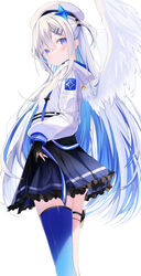  absurdres amane_kanata amane_kanata_(work) angel angel_wings beret blue_hair casual colored_inner_hair feathered_wings female gloves grey_hair hair_ornament hairclip hat highres hololive hood hoodie jacket long_hair multicolored_hair official_alternate_costume official_alternate_hair_length official_alternate_hairstyle okomeillust partially_fingerless_gloves pouch purple_eyes simple_background single_thighhigh skirt solo thigh_pouch thigh_strap thighhighs two_side_up very_long_hair virtual_youtuber white_background wings zettai_ryouiki 