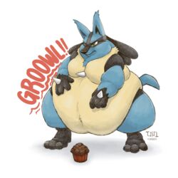  1:1 2022 ambiguous_gender anthro belly big_belly dragontzin english_text food generation_4_pokemon green_eyes hi_res lucario muffin nintendo obese obese_ambiguous obese_anthro onomatopoeia overweight overweight_ambiguous overweight_anthro pokemon pokemon_(species) reaching rumbling_stomach signature simple_background solo sound_effects text white_background 