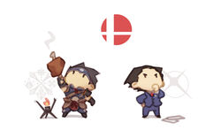  2boys black_hair boned_meat capcom character_request chibi commentary company_connection crossover earrings english_commentary food formal full_body gyakuten_saiban hakama hakama_pants hand_on_own_hip holding holding_food japanese_clothes jewelry kamura_(armor) looking_up male_focus meat monster_hunter_(series) monster_hunter_rise multiple_boys naruhodou_ryuuichi necktie nin_nakajima pants short_hair standing stool suit super_smash_bros. super_smash_bros._logo white_background 