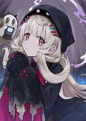  black_dress black_eyes black_headwear brown_eyes commentary dress female frown ghost hair_behind_ear headphones highres long_hair looking_at_viewer nijisanji nijisanji_en platinum_blonde_hair poppi_(reimu_endou) reimu_endou sleeves_past_wrists smoke solo sumiya_nadateru virtual_youtuber 