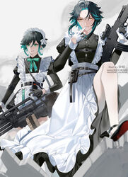  2boys absurdres alternate_costume apron aqua_hair assault_rifle belt black_belt black_dress black_footwear black_gloves braid bullpup buttons collared_shirt commentary crossdressing debris dress english_commentary english_text enmaided eyelashes eyeliner eyeshadow facial_mark forehead_mark frilled_apron frills gatling_gun genshin_impact gloves green_eyes green_ribbons grey_background gun half_gloves high_heels highres holding holding_gun holding_weapon instagram_username juliet_sleeves l85 leg_up lips long_sleeves looking_at_viewer looking_to_the_side m134_minigun maid makeup male_focus multicolored_hair multiple_boys neck_ribbon pantyhose parted_bangs puffy_sleeves red_eyeshadow removing_glove revision ribbon rifle shei99 shirt sidelocks smile smoke thighhighs twin_braids twitter_username two-tone_hair utility_belt venti_(genshin_impact) weapon white_apron white_gloves wing_collar xiao_(genshin_impact) yellow_eyes 