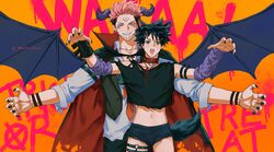  2boys :o absurdres animal_collar animal_ears arm_strap arm_tattoo arm_warmers black_cape black_hair black_nails black_pants black_shorts cape claws collar commentary crop_top demon demon_horns demon_wings ear_piercing extra_eyes facial_tattoo fushiguro_megumi green_eyes grin hair_ornament hairclip halloween halloween_costume height_difference highres horns jujutsu_kaisen looking_at_viewer male_focus marrbl midriff multiple_boys navel open_mouth pants piercing pink_hair red_eyes ryoumen_sukuna_(jujutsu_kaisen) short_hair shorts smile standing symbol-only_commentary tail tattoo trick_or_treat werewolf werewolf_costume wings wolf_boy wolf_ears wolf_tail yaoi 