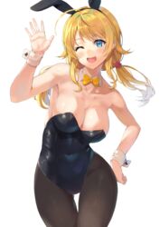  ;d ahoge animal_ears arm_up bare_shoulders black_leotard black_pantyhose blonde_hair blue_eyes blush bow bowtie breasts cleavage collarbone covered_navel cowboy_shot detached_collar female hachimiya_meguru hairband hand_on_own_hip highleg highleg_leotard highres idolmaster idolmaster_shiny_colors large_breasts leotard long_hair looking_at_viewer low_neckline low_twintails one_eye_closed open_mouth pantyhose playboy_bunny rabbit_ears rangen simple_background smile solo strapless strapless_leotard thigh_gap twintails waving white_background wrist_cuffs yellow_bow 