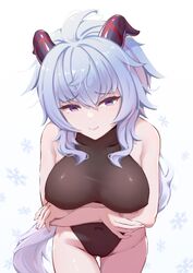  ahoge arms_under_breasts ass_visible_through_thighs black_leotard blue_hair breasts breasts_apart chan_sang collarbone covered_navel female ganyu_(genshin_impact) genshin_impact horns leotard long_hair looking_at_viewer medium_breasts purple_eyes sidelocks snowflakes solo thigh_gap thighs 