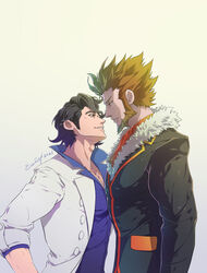  2boys augustine_sycamore beard black_hair buttons commentary curly_hair evinist eye_contact facial_hair from_side fur-trimmed_jacket fur_trim highres imminent_kiss jacket lab_coat looking_at_another lysandre_(pokemon) male_focus multiple_boys muscular muscular_male parted_lips pectorals pokemon pokemon_xy shirt signature smile symbol-only_commentary team_flare upper_body yaoi 