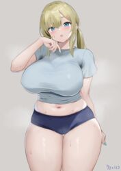  :o arm_at_side aymusk black_buruma blonde_hair blue_eyes blush breasts buruma cowboy_shot curvy female freckles freckles-chan_(aymusk) grey_background grey_shirt hair_ornament hairclip highres huge_breasts impossible_clothes impossible_shirt long_hair looking_at_viewer nail_polish navel open_mouth original shirt sidelocks simple_background solo standing sweat taut_clothes taut_shirt thick_eyebrows thick_thighs thighs wide_hips 