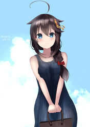  absurdres ahoge alternate_costume artist_name bad_id bad_pixiv_id bag bare_shoulders black_hair blue_dress blue_eyes blush braid brown_bag dress female hair_between_eyes hair_flaps hair_ornament hair_over_shoulder hair_ribbon highres holding holding_bag kantai_collection looking_at_viewer numarinko red_ribbon ribbon shigure_(kancolle) shigure_kai_ni_(kancolle) single_braid sleeveless sleeveless_dress smile solo twitter_username 