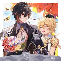  2boys absurdres aether_(genshin_impact) ahoge animal_on_shoulder bird bird_on_shoulder black_gloves black_hair blonde_hair brown_hair closed_eyes closed_mouth crystalfly_(genshin_impact) cup earrings flower genshin_impact glaze_lily gloves gradient_hair hane_(odeu) highres jewelry long_hair long_sleeves male_focus multicolored_hair multiple_boys necktie open_mouth ponytail scarf single_earring smile teacup twitter_username windwheel_aster_(genshin_impact) zhongli_(genshin_impact) 