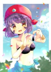  :d bandana bangle bare_shoulders bikini bikini_top_only black_bikini blurry blurry_foreground blush bracelet breasts brown_eyes cleavage collarbone commentary_request commission day depth_of_field female hands_up heart heart_hands jewelry kou_hiyoyo medium_breasts navel open_mouth petals purple_hair rimeru_rina sarong short_hair shoukan&#039;ou_rex smile solo swimsuit 