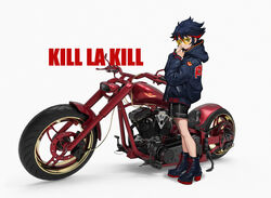  absurdres black_hair boots commentary copyright_name female high_heels highres hood hood_down hooded_jacket jacket kill_la_kill long_sleeves looking_at_viewer matoi_ryuuko motor_vehicle motorcycle multicolored_hair photoshop_(medium) punk red_hair shadow short_hair shorts solo streaked_hair wang-xi white_background 