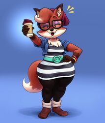  anthro beanie belt beverage bottomwear canid canine clothing coffee eyeshadow eyewear female footwear fox foxy_(planet_coaster) fur glasses hat headgear headwear hi_res leggings legwear makeup mammal orange_body orange_fur planet_coaster silverscarf solo tights topwear 