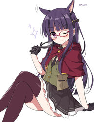  ;) animal_ear_fluff animal_ears arm_support bespectacled black_gloves black_necktie black_skirt blunt_bangs blush brown_jacket brown_shirt brown_thighhighs capelet closed_mouth collared_shirt commentary_request crossed_legs dog_ears dog_girl extra_ears feet_out_of_frame female glasses gloves green_vest half_gloves holding holding_magnifying_glass jacket kasumi_(princess_connect!) knees_up long_hair looking_at_viewer magnifying_glass mauve necktie one_eye_closed pleated_skirt princess_connect! purple_eyes purple_hair red-framed_eyewear red_capelet shirt simple_background sitting skirt smile solo sparkle split_mouth thighhighs twitter_username very_long_hair vest white_background 