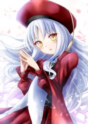  beret breasts brooch caren_hortensia caren_hortensia_(amor_caren) caren_hortensia_(amor_caren)_(second_ascension) dress fate/grand_order fate_(series) female gu-rahamu_omega_x hat highres jewelry long_hair long_sleeves looking_at_viewer neck_ribbon parted_lips red_dress red_hat ribbon shawl small_breasts solo wavy_hair white_hair yellow_eyes 