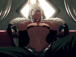  abs animal_ears armpits belt black_panties breasts bridal_gauntlets closed_mouth commentary_request dark-skinned_female dark_skin eyepatch female fur_trim ghislaine_dedoldia green_pants highres kemuri_haku large_breasts looking_at_viewer mushoku_tensei navel one-eyed open_fly panties pants red_eyes scar scar_on_stomach sitting solo unbuttoned underwear white_belt white_hair 