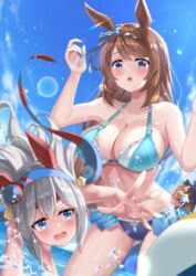  2girls alternate_costume animal_ears ball beach beachball bikini blue_bikini blue_eyes blue_hairband braid braided_ponytail breasts brown_hair cleavage commentary cstv ear_covers frilled_bikini frills grey_hair grey_tail hairband highres horse_ears horse_girl horse_tail large_breasts long_hair looking_at_another multiple_girls ocean oerba_yun_fang outdoors single_braid skin_fang string_bikini summer super_creek_(umamusume) swept_bangs swimsuit tail tamamo_cross_(umamusume) umamusume umamusume:_cinderella_gray very_long_hair 