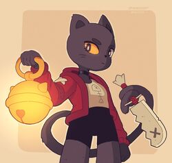  bell black_body black_fur bottomwear choker clothing domestic_cat felid feline felis female fur gaziter grey_(gaziter) heterochromia hi_res hoodie jewelry knife lamp lantern mammal necklace shorts solo topwear 