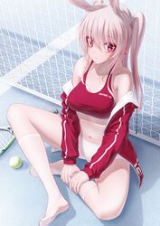  animal_ears bad_id bad_pixiv_id bae.c ball bare_shoulders bike_shorts breasts collarbone ear_piercing eyeshadow female highres jacket large_breasts lisen_(bae.c) long_hair long_sleeves looking_at_viewer makeup midriff navel off_shoulder open_clothes open_jacket piercing pink_hair rabbit_ears racket red_eyes red_jacket shorts sitting slit_pupils socks solo sports_bra tennis_ball tennis_net tennis_racket thighs tsumi_no_hahen_(debris) two_side_up white_shorts white_socks 