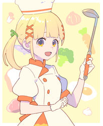  :d blunt_bangs border bread breasts broccoli buttons carrot chef chef_hat double-breasted dress egg_(food) enkyo_yuuichirou female fish food fried_egg garlic gloves hair_ornament hand_up hat highres holding holding_ladle ladle looking_at_viewer medium_hair mushroom open_mouth original puffy_short_sleeves puffy_sleeves short_sleeves small_breasts smile solo standing twintails white_border white_dress white_gloves x_hair_ornament yellow_eyes 