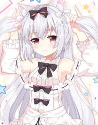  ahoge animal_ear_fluff animal_ears armpits arms_up azur_lane bare_shoulders bow bowtie bunching_hair cat_ears closed_mouth commentary_request detached_sleeves dress female frilled_dress frills hairbow highres kana_(kuaua) long_hair long_sleeves looking_at_viewer official_alternate_costume smile solo two_side_up upper_body white_dress white_hair yukikaze_(azur_lane) yukikaze_(sovereign_of_the_swing)_(azur_lane) 