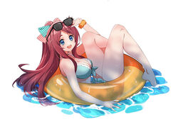  :d alternate_costume bare_shoulders barefoot bikini blue_bikini blue_eyes breasts cleavage commentary da_huang eyewear_on_head female hair_ribbon large_breasts looking_at_viewer minamoto_sakura open_mouth polka_dot polka_dot_ribbon red_hair ribbon smile solo sunglasses swimsuit symbol-only_commentary zombie_land_saga 