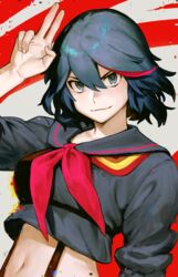  black_eyes black_hair black_sailor_collar breasts closed_mouth crop_top female hair_between_eyes highres kill_la_kill looking_at_viewer matoi_ryuuko medium_breasts midriff multicolored_hair neckerchief neekosiah red_hair red_neckerchief sailor_collar school_uniform senketsu serafuku short_hair simple_background solo streaked_hair suspenders upper_body v 