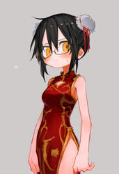  alternate_costume arms_at_sides bare_shoulders black_hair blush bun_cover china_dress chinese_clothes cleavage_cutout closed_mouth clothing_cutout commentary_request cowboy_shot double_bun dress embarrassed female furrowed_brow glasses grey_background hair_bun highres kokaki_mumose light_frown mandarin_collar no_panties null-meta pelvic_curtain red_dress semi-rimless_eyewear simple_background sleeveless sleeveless_dress solo souen_chiaki sweatdrop yellow_eyes 