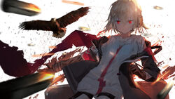  action bandaid bandaid_on_face bird blonde_hair bullet eagle female girls&#039;_frontline gloves headset highres id_card jacket katann looking_at_viewer off_shoulder photoshop_(medium) red_eyes scarf scw_(girls&#039;_frontline) shell_casing short_hair solo unworn_scarf weapon_case 