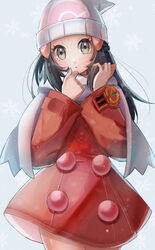  bad_id bad_twitter_id beanie black_hair buttons coat commentary_request dawn_(pokemon) eyelashes female grey_background grey_eyes hair_ornament hairclip hands_up hat highres long_hair long_sleeves looking_at_viewer pokemon pokemon_dppt pokemon_platinum red_coat scarf setta_shu snowflakes solo white_hat white_scarf 