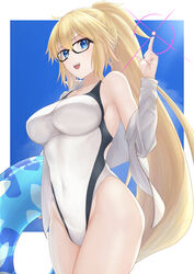  absurdres black-framed_eyewear blonde_hair blue_eyes blue_sky border breasts commentary_request competition_swimsuit covered_navel cowboy_shot fate/grand_order fate_(series) female glasses highleg highleg_swimsuit highres index_finger_raised jacket jeanne_d&#039;arc_(fate) jeanne_d&#039;arc_(swimsuit_archer)_(fate) jeanne_d&#039;arc_(swimsuit_archer)_(second_ascension)_(fate) lens_flare long_hair medium_breasts okuma707 one-piece_swimsuit open_clothes open_jacket ponytail sky smile solo standing swimsuit whistle whistle_around_neck white_border white_jacket white_one-piece_swimsuit 