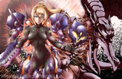  alternate_costume alternate_design arm_cannon armor black_bodysuit blonde_hair blue_eyes bodysuit breasts eunnieverse female metroid metroid_dread mole mole_under_mouth multicolored_bodysuit multicolored_clothes pauldrons ponytail power_armor power_suit power_suit_(metroid) purple_armor removing_armor ridley samus_aran shoulder_armor watermark weapon zero_suit 