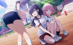  3girls :d asahina_mafuyu ass blue_shorts brown_hair colorful_palette day dutch_angle floating_hair grey_eyes gym_uniform hair_between_eyes hand_on_own_knee hashire!_taiikumatsuri!_~jikkou_iin_wa_ooisogashi~_(project_sekai) highres leaning_forward long_hair medium_hair multiple_girls official_art on_one_knee ootori_emu open_mouth outdoors pink_eyes pink_hair ponytail project_sekai red_shorts shirt shoes short_shorts short_sleeves shorts sitting smile sneakers socks standing sunlight third-party_source white_shirt white_socks 