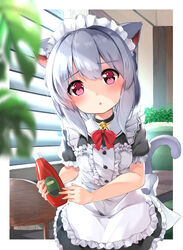  animal_ears apron bell black_choker black_dress blurry blurry_foreground blush bottle bow cat_ears cat_girl cat_tail chair chestnut_mouth choker collared_dress commentary_request couch depth_of_field dress female frilled_apron frills grey_hair hair_between_eyes highres holding holding_bottle indoors jingle_bell ketchup_bottle long_hair looking_at_viewer maid maid_headdress neck_bell original parted_lips puffy_short_sleeves puffy_sleeves red_bow red_eyes short_sleeves solo sora_(silent_square) table tail tsugumi-chan_(sora) white_apron window_blinds 