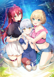  3girls :d absurdres ahoge bare_arms bare_legs barefoot black_ribbon black_shirt blonde_hair blue_dress blue_shorts bracelet closed_mouth collarbone collared_shirt crop_top cropped_sweater dress dress_shirt earrings green_eyes grey_hair hair_between_eyes hair_ribbon highres hood hood_down hooded_sweater hoshiro_remi hug jewelry kneeling kurasawa_moko kuuko_(same_to_ikiru_nanokakan) long_hair looking_at_viewer midriff miniskirt multiple_girls navel official_art open_mouth outdoors pink_sweater pleated_skirt red_hair ribbon same_to_ikiru_nanokakan see-through see-through_sleeves shirt short_hair short_shorts short_sleeves shorts skirt sleeveless sleeveless_sweater smile stomach sunlight sweater tenjiku_amane thigh_strap very_long_hair watch white_skirt wing_collar wristwatch yellow_eyes 