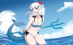  ameiarts beach bikini blue_eyes blue_hair blue_sky blunt_bangs blush cloud female fins fish_tail flower frilled_bikini frills gawr_gura gills grey_hair hair_flower hair_ornament highres hololive hololive_english long_hair multicolored_bikini multicolored_clothes multicolored_hair ocean official_alternate_costume open_mouth outdoors polearm shark_girl shark_hair_ornament shark_tail sharp_teeth sky solo streaked_hair striped_bikini striped_clothes swimsuit tail teeth trident virtual_youtuber water weapon white_bikini 