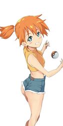  aqua_eyes ass blush denim denim_shorts female from_behind grin hair_between_eyes kasumi_(pokemon) knees_up looking_at_viewer orange_hair orange_shirt poke_ball poke_ball_(basic) pokemon pokemon:_the_electric_tale_of_pikachu shirt short_shorts shorts side_ponytail simple_background smile solo thighs white_background yamada_taro_(yamada_tarou00) 