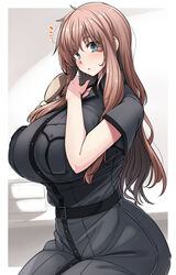  alternate_hairstyle belt black_dress blue_eyes blush breast_pocket breasts brown_hair brushing_hair brushing_own_hair comb commentary_request dress female hair_between_eyes hair_brush hair_down highres holding holding_comb holding_own_hair huge_breasts kantai_collection konoshige_(ryuun) long_hair looking_at_viewer parted_lips pocket saratoga_(kancolle) short_sleeves side_ponytail sitting solo 