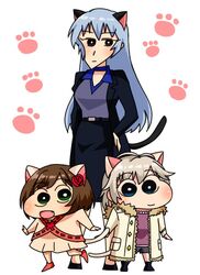  3girls :d anastasia_(idolmaster) animal_ears bright_pupils cat_ears cat_tail chibi crayon_shin-chan extra_ears full_body idolmaster idolmaster_cinderella_girls looking_at_viewer maekawa_miku multiple_girls nyan_nyan_nyan_(idolmaster) oerba_yun_fang parody paw_print popon_ta simple_background smile style_parody tail takamine_noa 