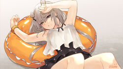  arms_up breasts casual_one-piece_swimsuit female fuwafuwatoufu grey_hair hair_between_eyes hair_ornament hairclip headgear i-201_(kancolle) innertube kantai_collection long_hair looking_at_viewer low_twintails lying medium_breasts official_alternate_costume on_back one-piece_swimsuit parted_lips polka_dot polka_dot_swimsuit simple_background solo swim_ring swimsuit twintails twitter_username 