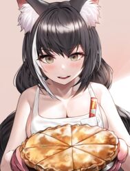  alternate_costume animal_ear_fluff animal_ears bad_id bad_pixiv_id bare_shoulders black_hair blush breasts cake cat_ears cat_girl cat_tail commentary female food green_eyes grey_background highres holding holding_cake holding_food karyl_(princess_connect!) large_breasts long_hair looking_at_viewer multicolored_hair open_mouth pie princess_connect! round_teeth shirt simple_background smile solo streaked_hair suou-sensei tail teeth twintails very_long_hair white_hair white_shirt 