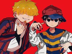  2boys baseball_cap black_hair blonde_hair hair_over_eyes hat jacket looking_at_viewer ma_e_zo male_focus mother_(game) mother_2 multiple_boys nail_polish ness_(mother_2) porky_minch red_background red_hat shirt short_hair simple_background smile striped_clothes striped_jacket striped_shirt vertical-striped_clothes vertical-striped_jacket yo-yo 