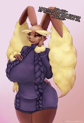  anthro ara_ara bedroom_eyes belly big_breasts breasts clothed clothing curvy_figure dialogue english_text female generation_4_pokemon hand_on_breast hi_res huge_breasts looking_at_viewer lopunny master mature_female narrowed_eyes nintendo pokemon pokemon_(species) purple_clothing purple_sweater purple_topwear seductive shamziwhite slightly_chubby solo standing sweater text topwear turtleneck voluptuous 