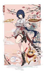  absurdres alternate_costume alternate_hair_length alternate_hairstyle animal bangs bird black_footwear black_shorts blue_hair boots breasts chinese_clothes chinese_text closed_mouth female full_body genshin_impact guoba_(genshin_impact) highres leg_up light_smile long_hair long_sleeves looking_at_viewer medium_breasts pig sheep shorts simple_background socks standing string thighs tree very_long_hair xiangling_(genshin_impact) yajuu yellow_eyes 