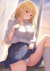  :q arm_up blonde_hair blue_eyes blush bracelet breasts button_gap cleavage_reach clothes_pull collarbone collared_shirt curtains dress_shirt female grey_skirt highres indoors jewelry kanata_(kanade_pa) knee_up kneehighs large_breasts long_hair long_sleeves original panties pantyshot pleated_skirt pulling_own_clothes ribbed_legwear school_uniform shirt shirt_pull shirt_tucked_in sidelocks sitting skirt skirt_pull socks solo table tongue tongue_out underwear white_panties white_shirt white_socks window 