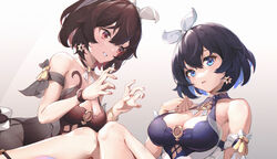  2girls armband armpits arms_up asc11 bare_shoulders black_hair blue_dress blue_eyes blue_hair bow bracelet breasts choker claw_pose cleavage collarbone commentary dark_persona dress grey_background hair_between_eyes hair_ornament hairbow highres honkai_(series) honkai_impact_3rd jewelry large_breasts looking_at_viewer multicolored_hair multiple_girls nail_polish open_mouth red_eyes red_hair red_nails seele_(alter_ego) seele_vollerei seele_vollerei_(stygian_nymph) short_hair simple_background smile strapless strapless_dress white_bow 