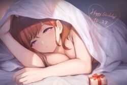  arm_up bed_sheet blanket blush box bra breasts brown_hair cleavage commentary_request dated female gift gift_box half-closed_eyes happy_birthday heart higuchi_madoka idolmaster idolmaster_shiny_colors looking_at_viewer lying medium_breasts mole mole_under_eye on_stomach parted_lips purple_eyes solo tomamatto under_covers undercut underwear underwear_only white_bra 